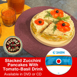 Stacked Zucchini Pancakes with Tomato-Basil Drink